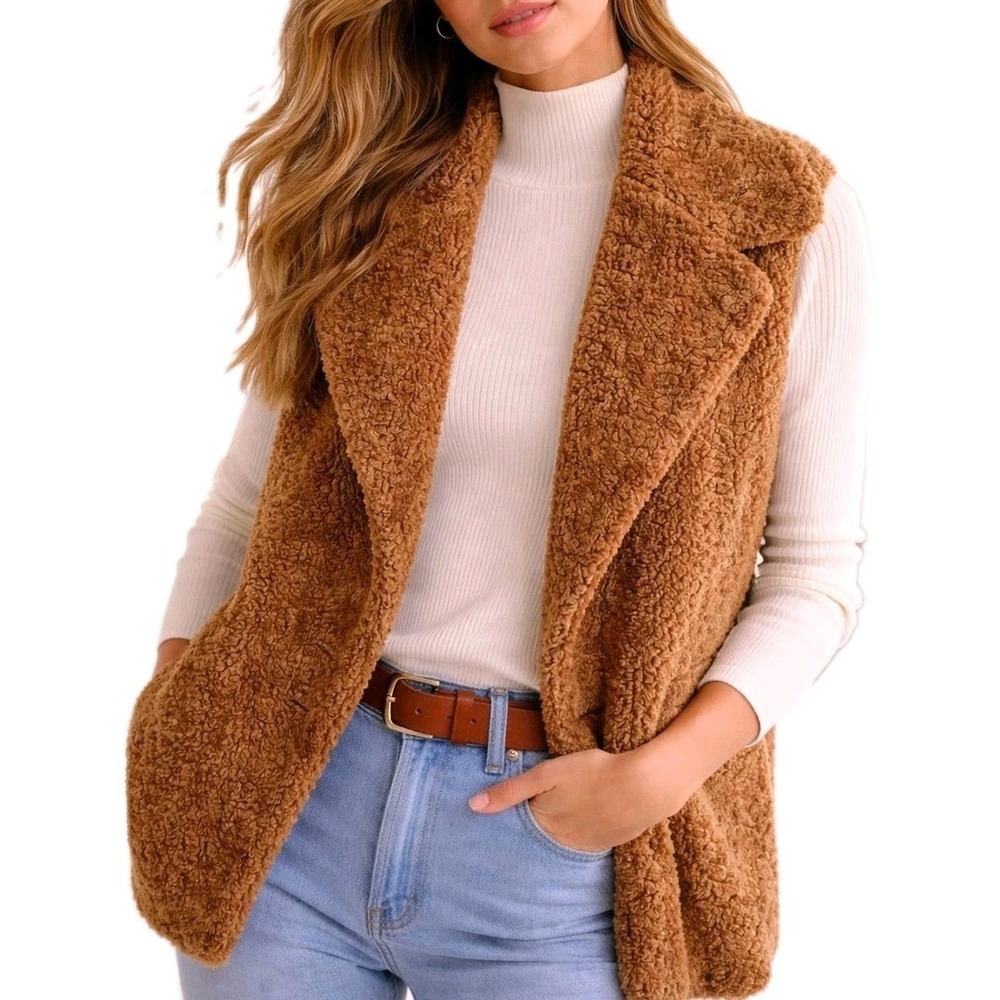 Pilcro Anthropologie Sherpa Vest Brown Teddy Faux Fur One Size Cozy Chic